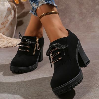 Fashion High Heel Low Top Fall New Women Boots 2025 Round Metal Buckle Front Lace-Up Side Zip Non-Slip Platform Block Heel Boots