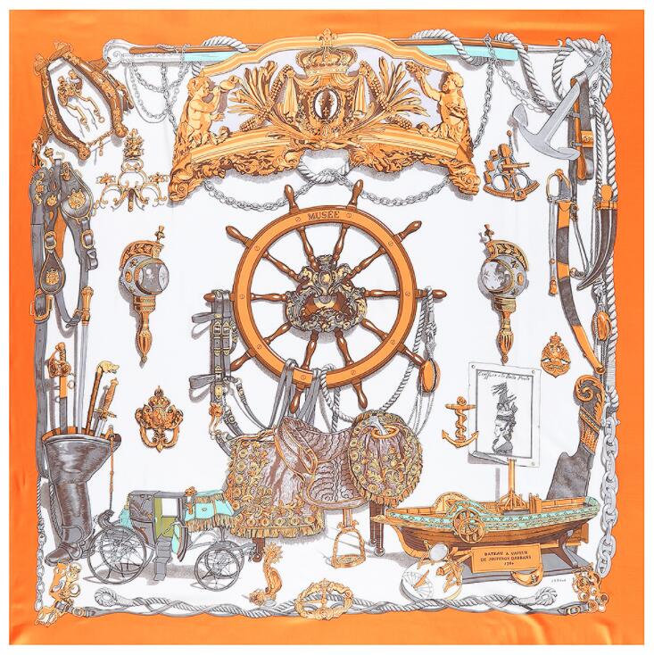 New Arrival Brand Shawl 100% Twill Silk Scarf Horse Carriage 130cm Square Scarves Print Kerchief Bandana Woman Headband Hijab