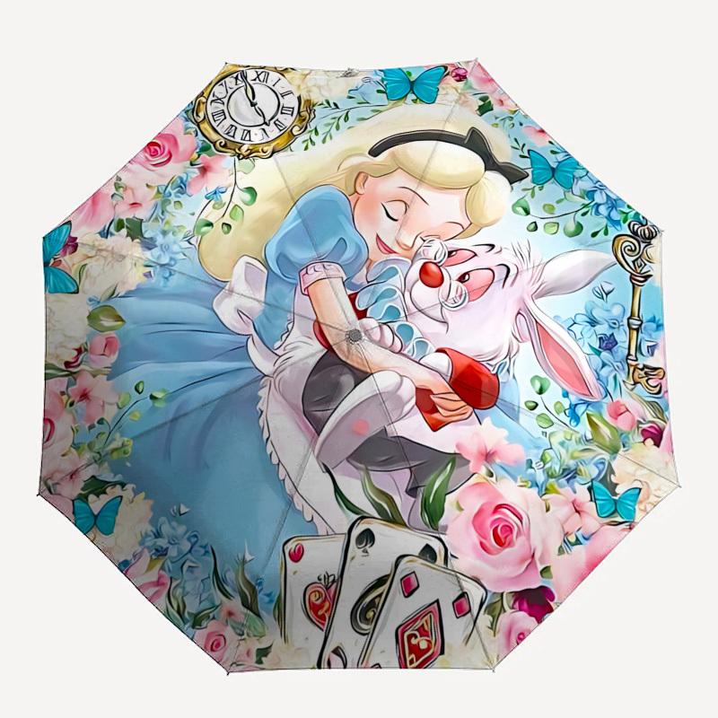 Alice, Wonderland Themed Automatic Opening and Closing Umbrella, Brightly Colored 8-rib Portable Umbrella, Suitable for Men and Women, A Perfect Gift