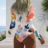 Women Plus Size Long Sleeve High Neck Front Zipper Leaf Geometric Print One Piece Swimsuit