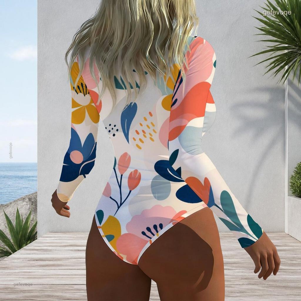 Women Plus Size Long Sleeve High Neck Front Zipper Leaf Geometric Print One Piece Swimsuit