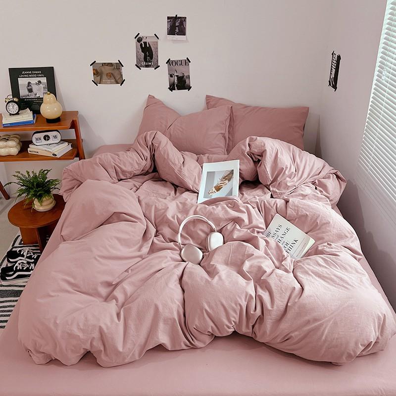 Washed Cotton Bedding Set Solid Color Brushed Bed Sheets Dorm Home