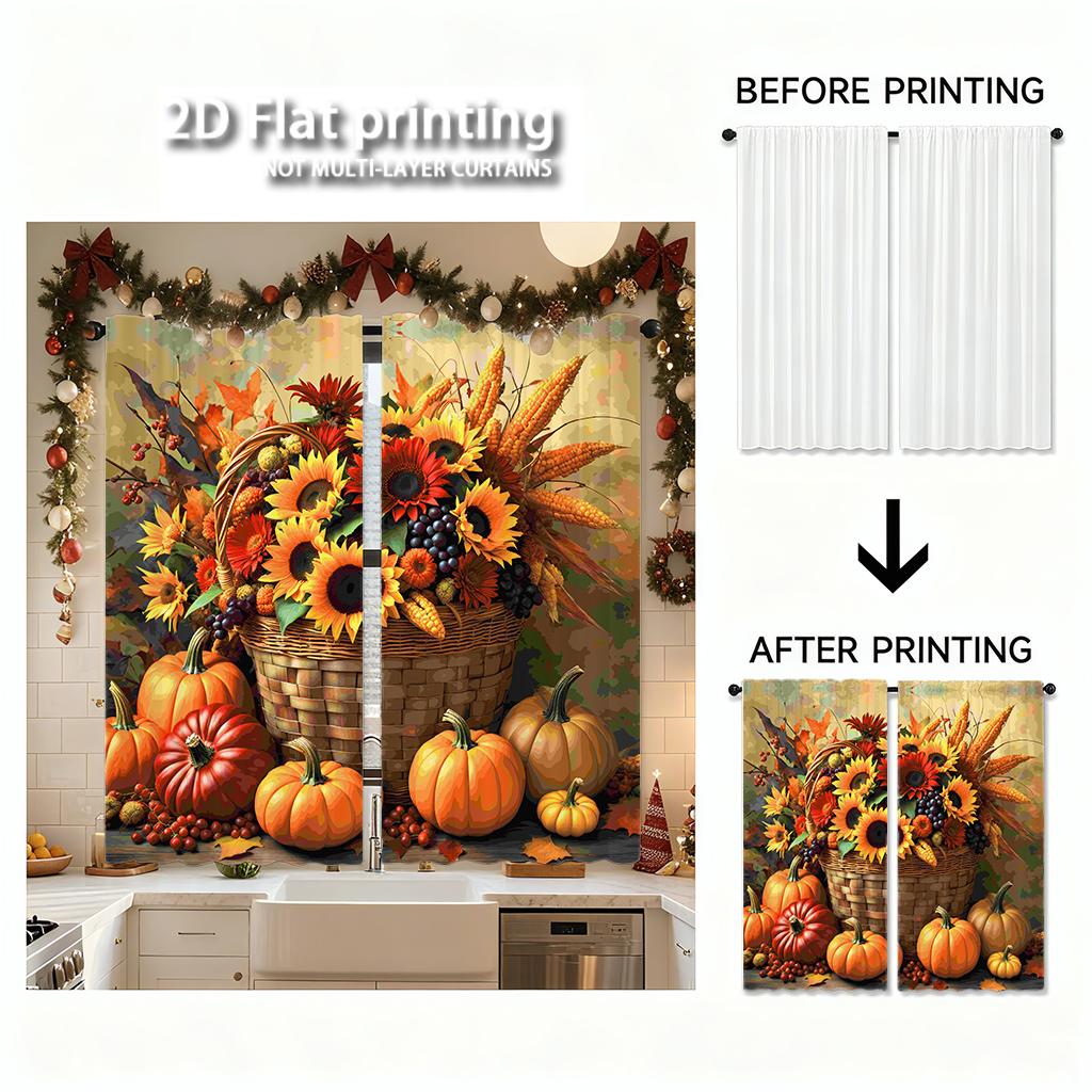 Stück Set Hochauflösende Digital Gedruckte VorhängeHerbstbuntÖlgemäldeStilKürbisBlumeKorbHeimDekorationsstilVorhang Hergestellt Aus Polyester