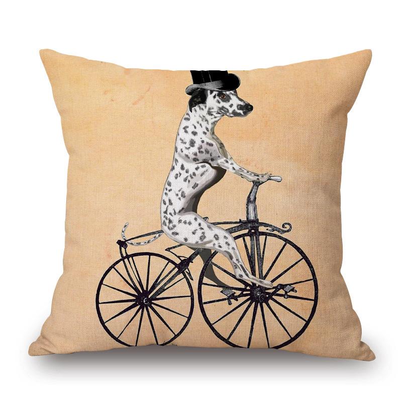 Dogs On Bicycle Art Cushion Cover Poodle Bulldog German Shepherd Golden Retriever Dachshunds Labrador Print Linen Pillow Case