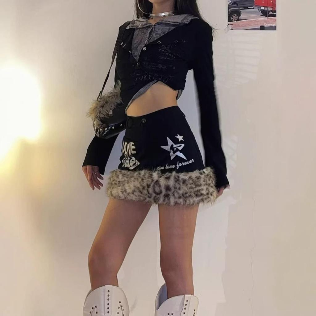 Spicy Girl Leopard Print Fur Patchwork Skirt: Slim-Fit, Low-Waist, Multi-Button Design, Winter Style