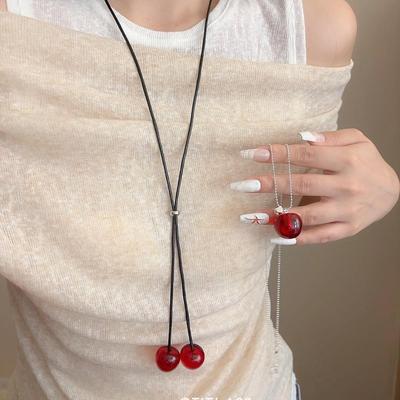 Retractable Red Cherry Pendant Necklace for Women - Elegant Long Sweater Chain Choker