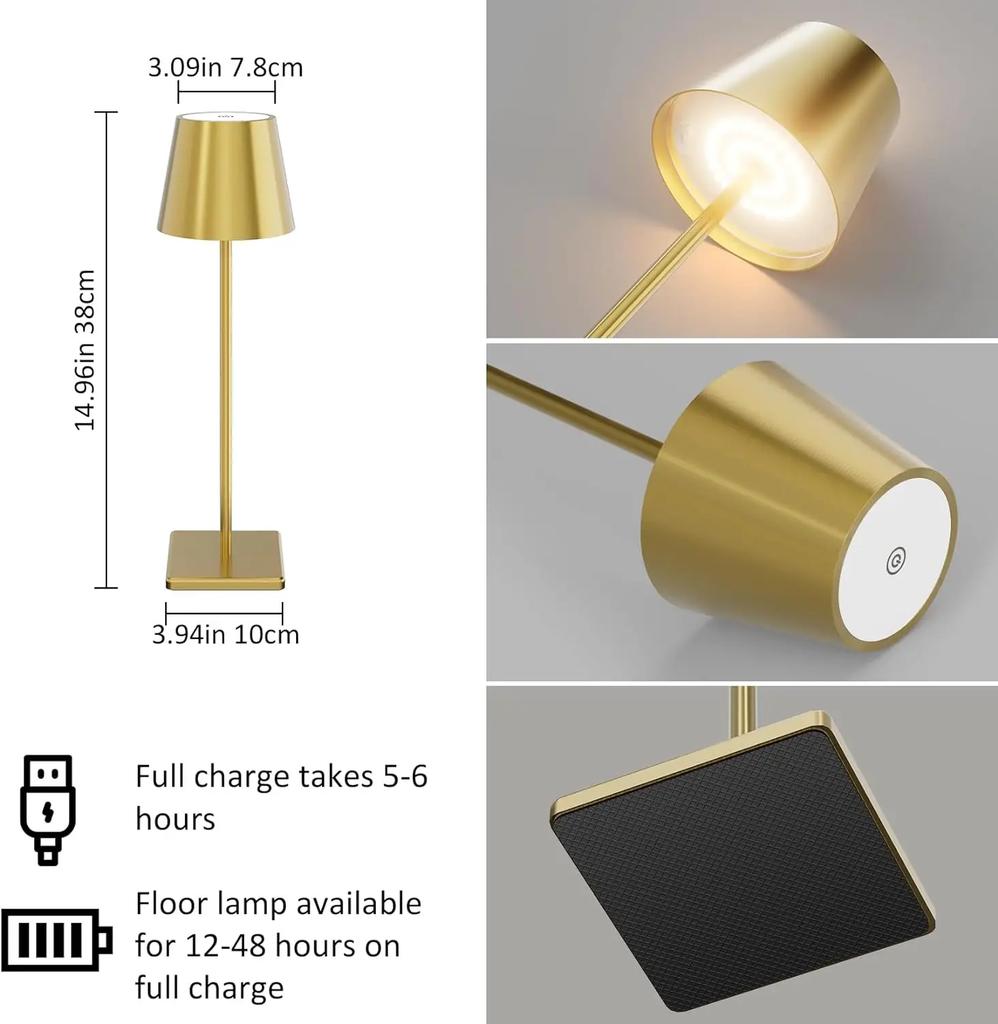 Cordless Table Lamp Portable LED Desk Lamps Battery Operated 3 Color Stepless Dimming for Restaurant, Bedroom, Outdoor Camping