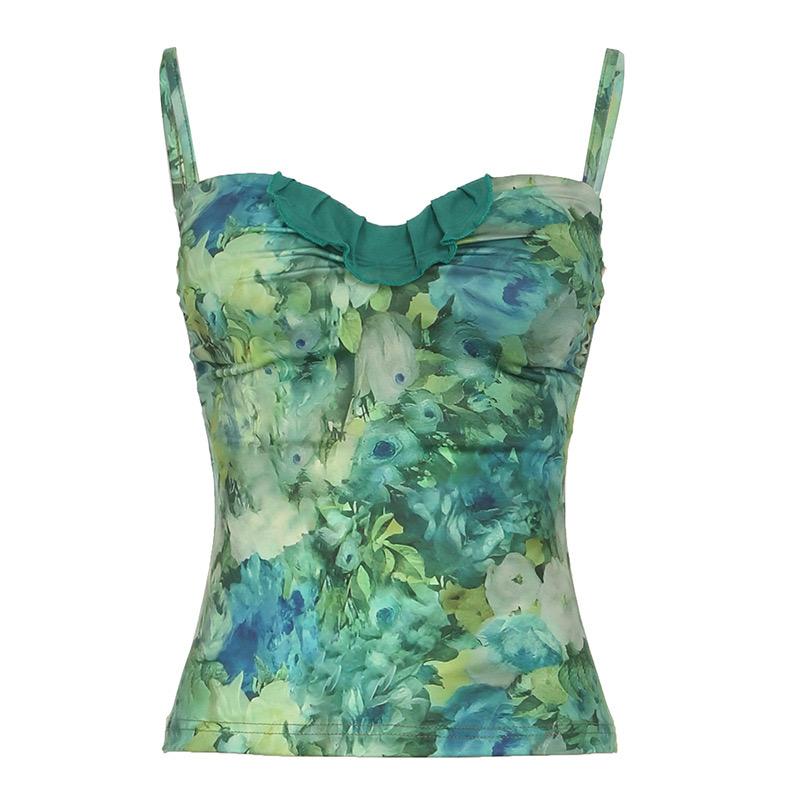 Fairycore Vintage Summer Camis Tops Lace Spliced Floral Printed Strappy Y2K Aesthetic Women Tops Holidays 2000s Cute