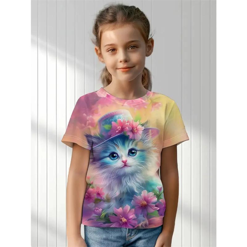 Letní tričko s kulatým výstřihem a 3D potiskem kočky, módní a ležérní dětské dívčí tričko s krátkým rukávem