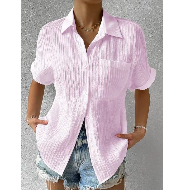 Open Front Shirt Patch Pocket Solid Casual Collar Insert Sleeve Women's Short Sleeve Shirt