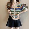 Folk Color Striped Knitted T-shirt Single-breasted Women's Prairie Chic Summer Hollow Out Loose V-Neck Pullovers
