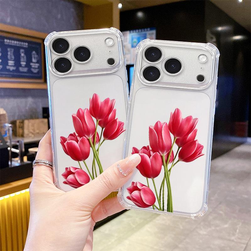 Factory Ins Wind Red Tulip UV Painted Mobile Phone Case Apple 16promax Four Corners Anti-drop Protective Case