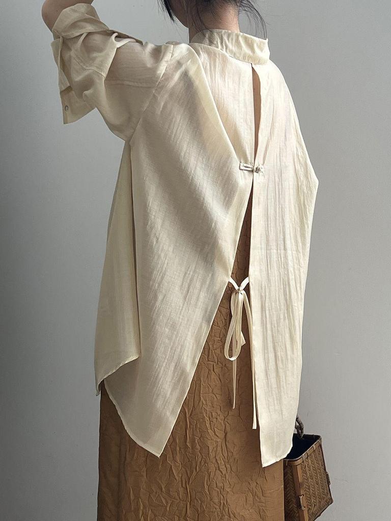 Women's Summer Loose Fit Tencel Shirt with Frog Buttons and Tie-Back, Turn-Down Collar, Sun Protection