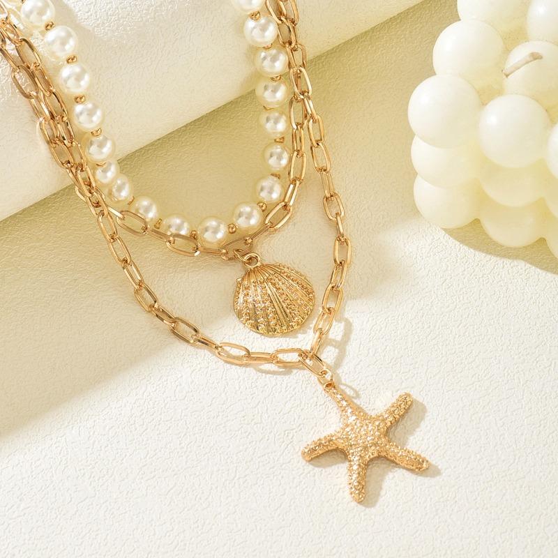 Imitation Pearl Starfish Pendant Vacation Wind Seaside Necklace Vintage Shell Nklce Jewelry