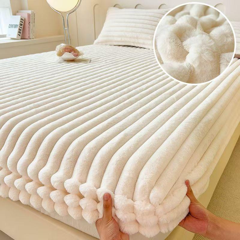 

3/1PC Soft Warm Plush Mattress Protector Cover Winter Couple 2 People Black White Plaid Elastic Fitted Sheet Bed Protection Pad Pillowcase No sheet