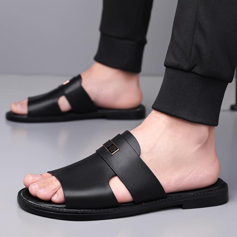 Fashion Slippers for Men Luxury Leather Slippers Summer New Open Toed Slippers for Men Casual Flat Sandals Large Size 48 Chanclas Hombre