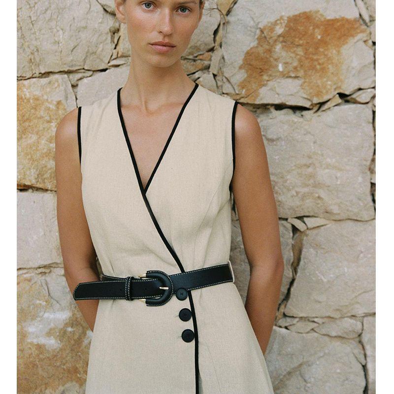 Summer New Product Women's Clothes French Contrast Color Trim Double Breasted V Neck with Belt Midi Skirt Dress 3655939