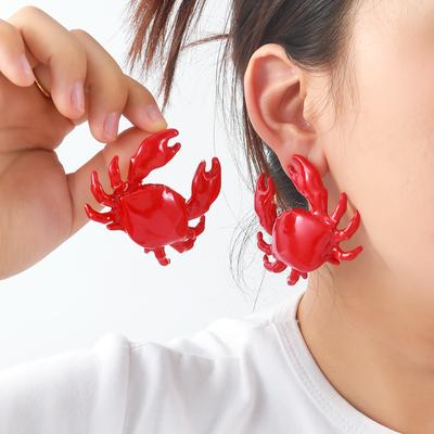 Crab Shape Earrings Summer Beach Ocean Leisure Style Alloy Cute Red Color Women's Fashion HolidayJewelry Accessories