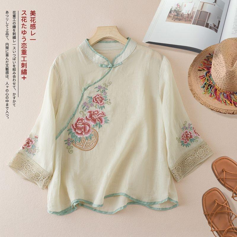 

New Retro Cotton and Linen Plate Button Embroidery Ethnic Summer Chinese Style Literary Stand Collar Mid-sleeve National M зелёный
