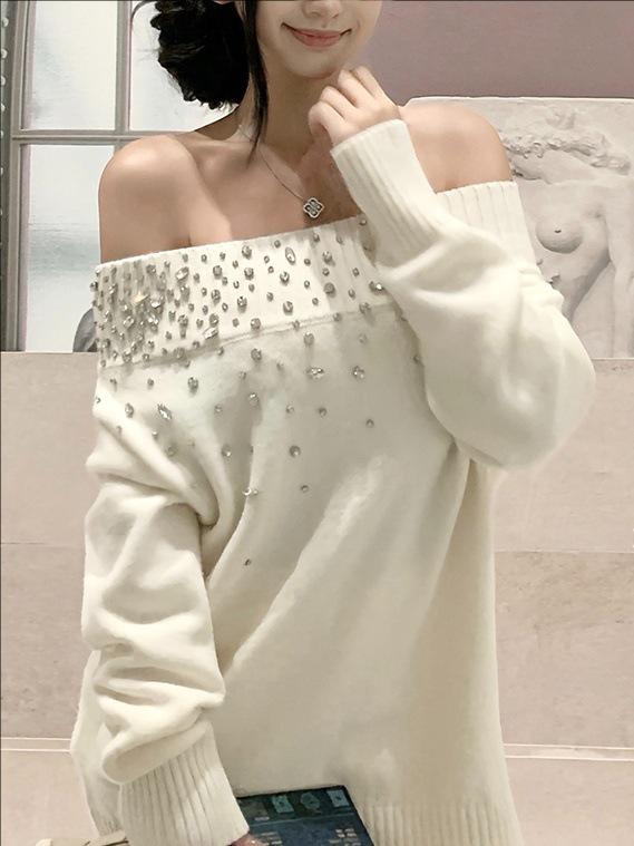 Stardust Shards Hot & Spicy Hot Dog One-Shoulder Diamond Mid-Neck Sweater