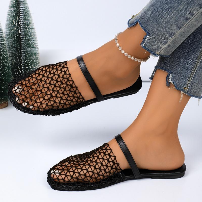 Women's New Fashion Cutout Fishnet Sandals Flat Comfortable Casual Slip-On Trendy Shoes