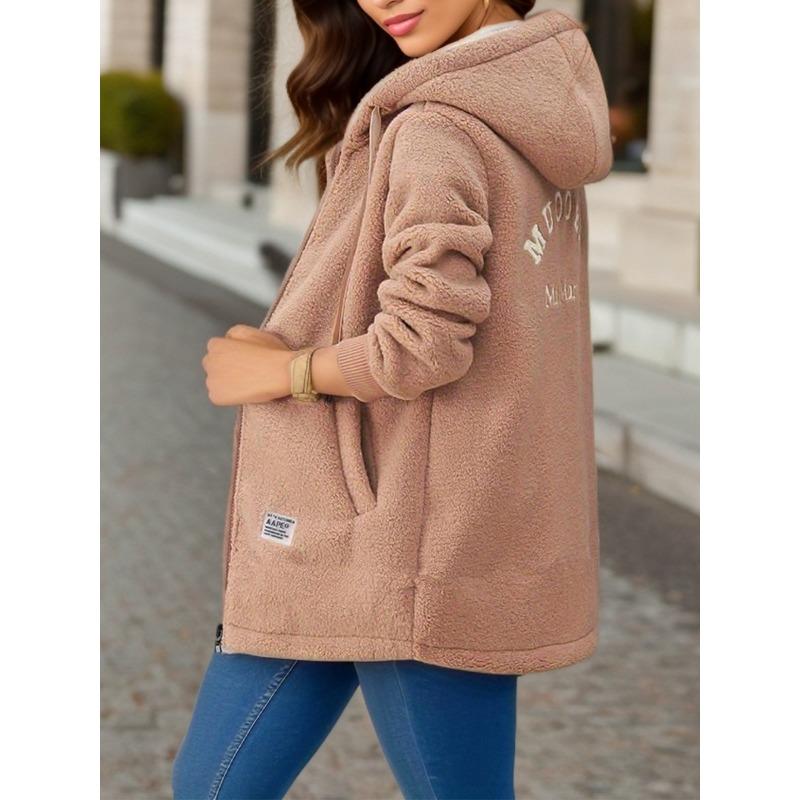 Thick Medium Long Lambskin Hoodie with Added Fleece Women's Autumn Winter Embroidered Letter Zipper Jacket