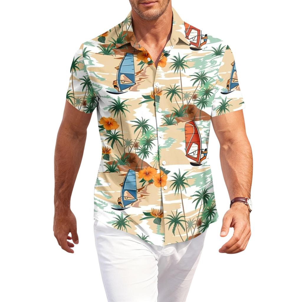 Men's Casual Loose Fit Short Sleeve Hawaiian Shirt Button Down Beach Shirt with Tropical Print Summer Top