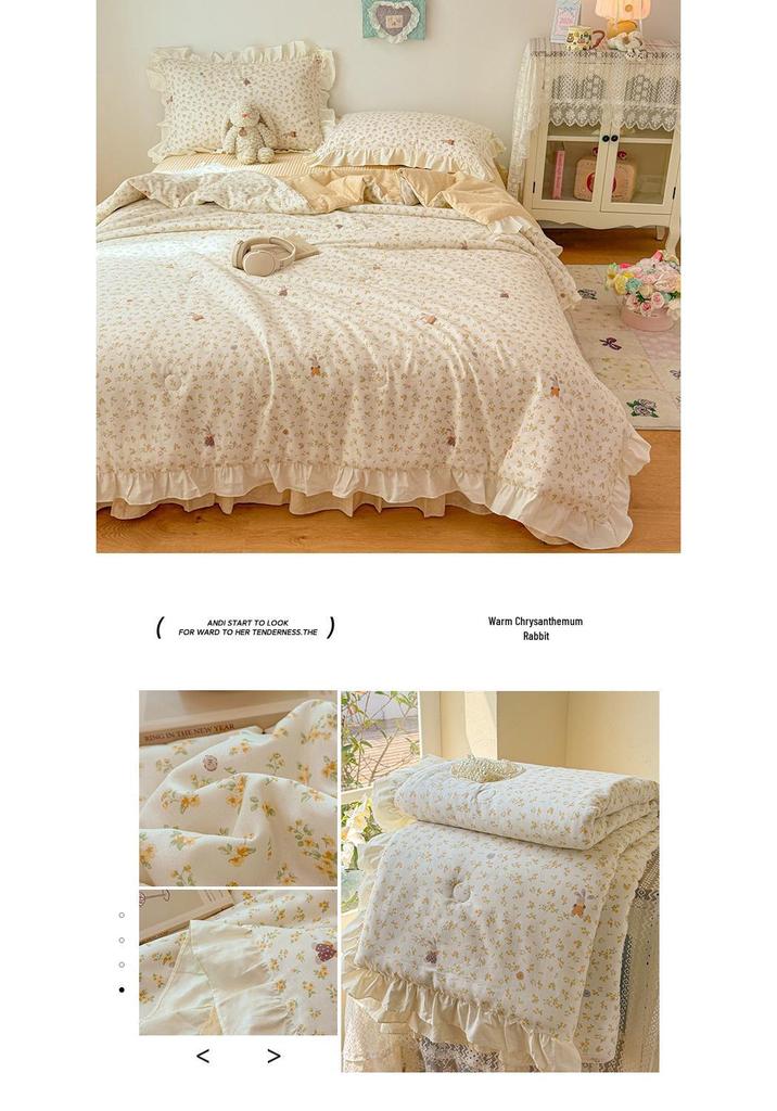 Korean Style Cotton Lace Air Conditioning Quilt - Floral Rabbit Pattern, Machine Washable, Summer Thin and Cool.
