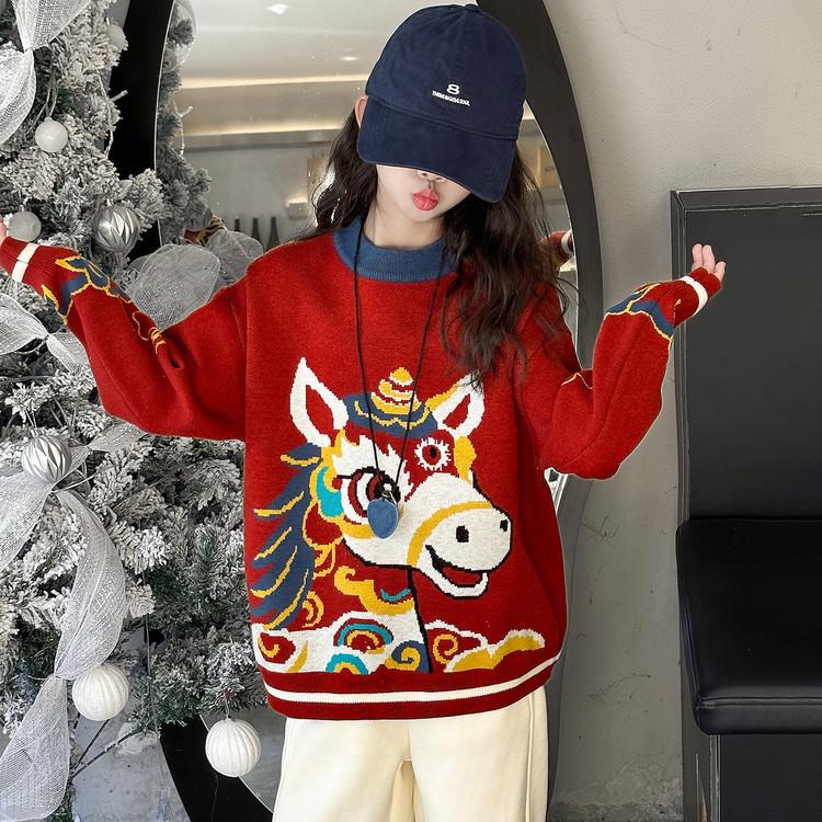 Girls' Red Horse Year Sweater, Winter 2026 Zodiac Style, Thickened for Big Kids - Perfect for New Year Visits