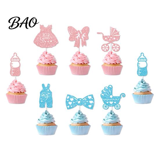 Cupcake Toppers 12Pcs Boy Girl Birthday Cake Toppers, Baby Themed Picks with Glitter Paper Theme Bottle, Stroller, Bow, Suit, Cardboard for