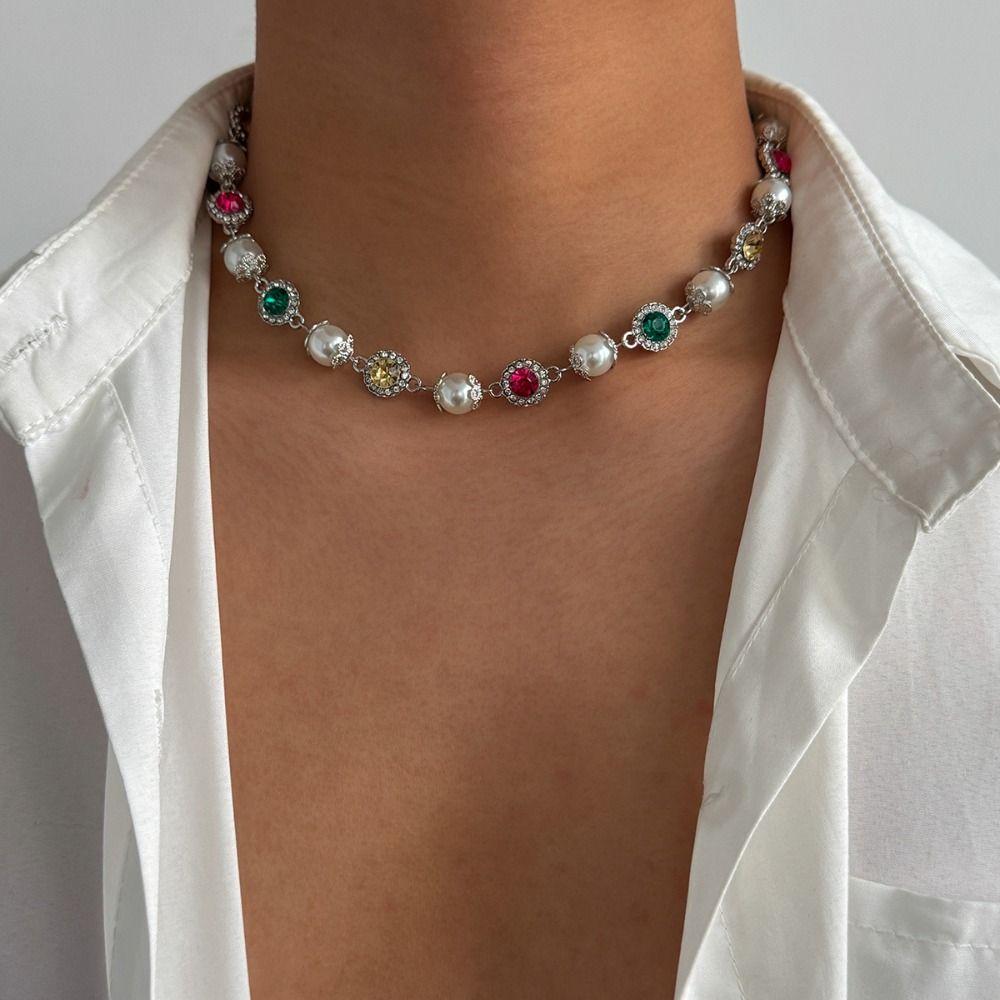 Silver Rhinestone Collar Chain Golden Clavicle Chain Unique Imitation Pearl Beads Necklace  Women