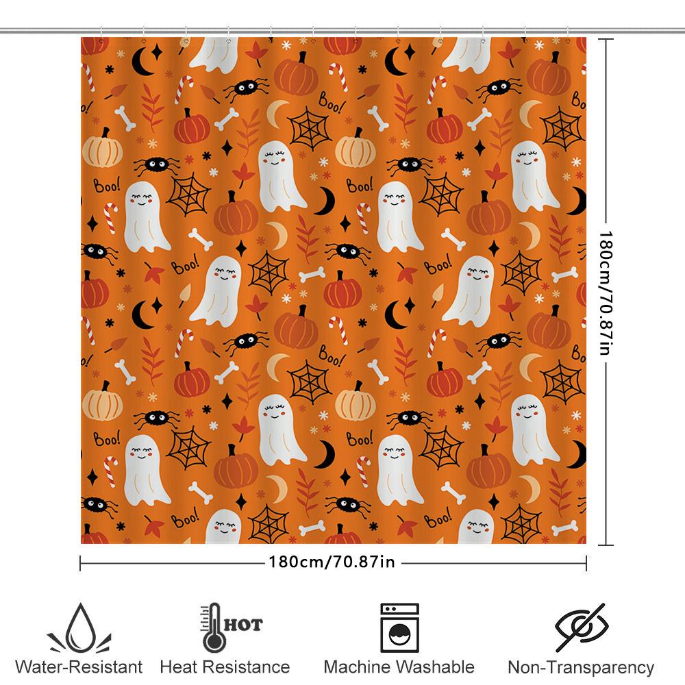 Halloween Ghosts Spider Web Pumpkin Candy Halloween Shower Curtain Home Decor Waterproof Bat Red Leaf Cartoon Orange Print Bathr