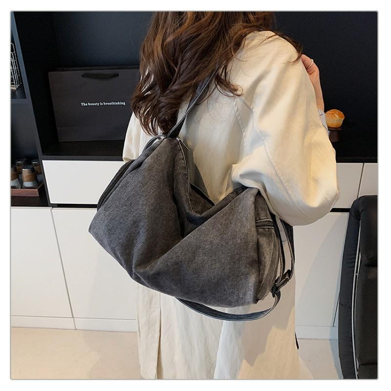 

Denim Cloth Bag Women s One-shoulder Crossbody Trendy Retro Large-capacity Commuting Canvas Travel To Work 36x22x22 чёрный