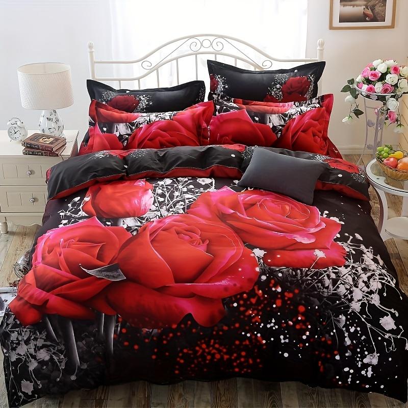 

2/3pcs Duvet Cover Set, Red Rose Print Bedding Set, Soft Comfortable Duvet Cover, (1*Duvet Cover + 1/2*Pillowcase, Without Core) 135x 200cm