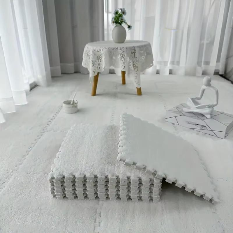 15Pcs Interlocking Fluffy Tiles with Border Square Rug Plush Puzzle Foam Floor Mat for Kids Thick Bedroom Floor Decoration