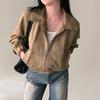 Korean Chic Autumn French Retro Lapel Zipper Suede Loose Versatile Long-sleeved Short Jacket