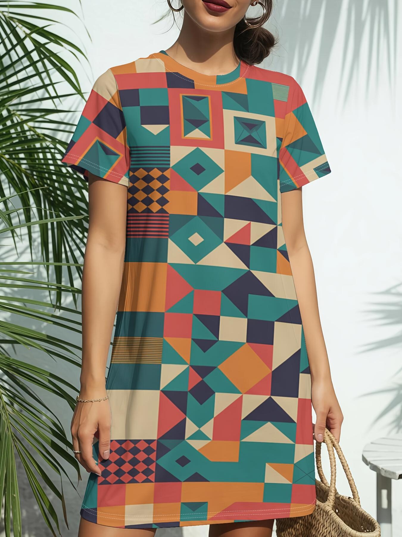 

Bright Geo Mosaic New Arrival Women S Round Neck Short-Sleeve T-Shirt Dress. American Trendy Digital Print. Casual Versatile Style for Spring And Summ M дубильная кора
