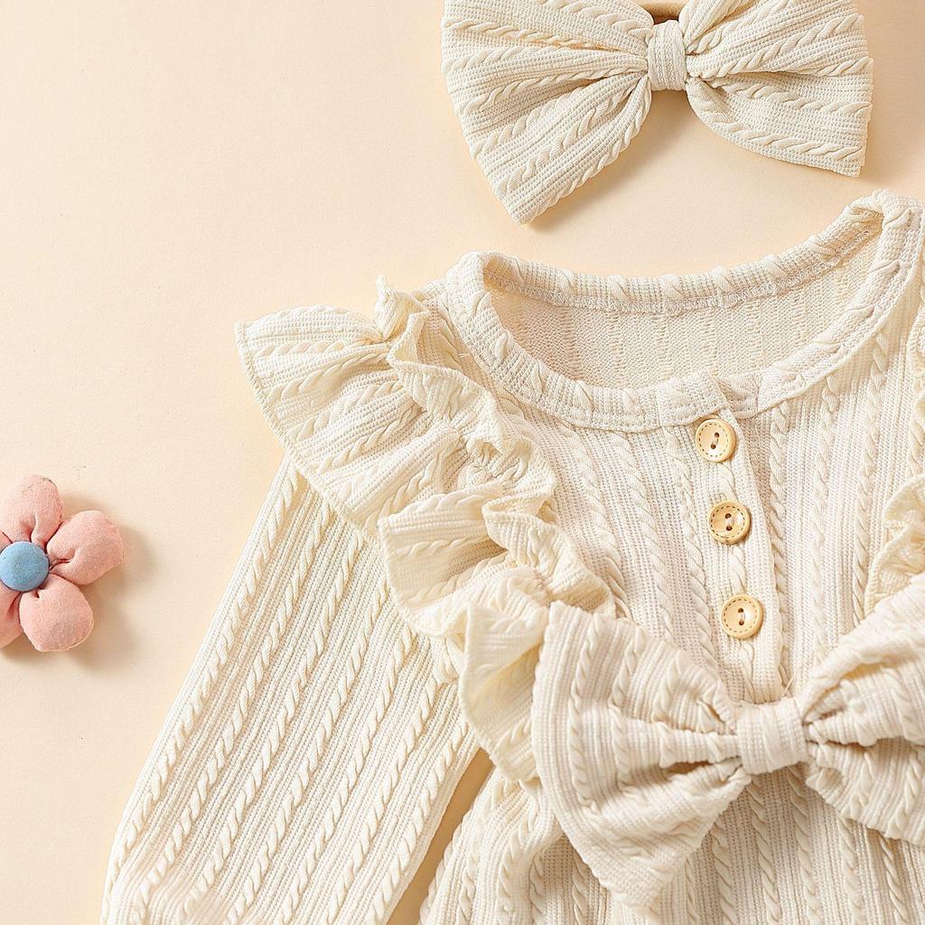E2302A Toddler Girls' Princess Bow Romper with Headband - Sweet Long Sleeve Two-Piece Outfit
