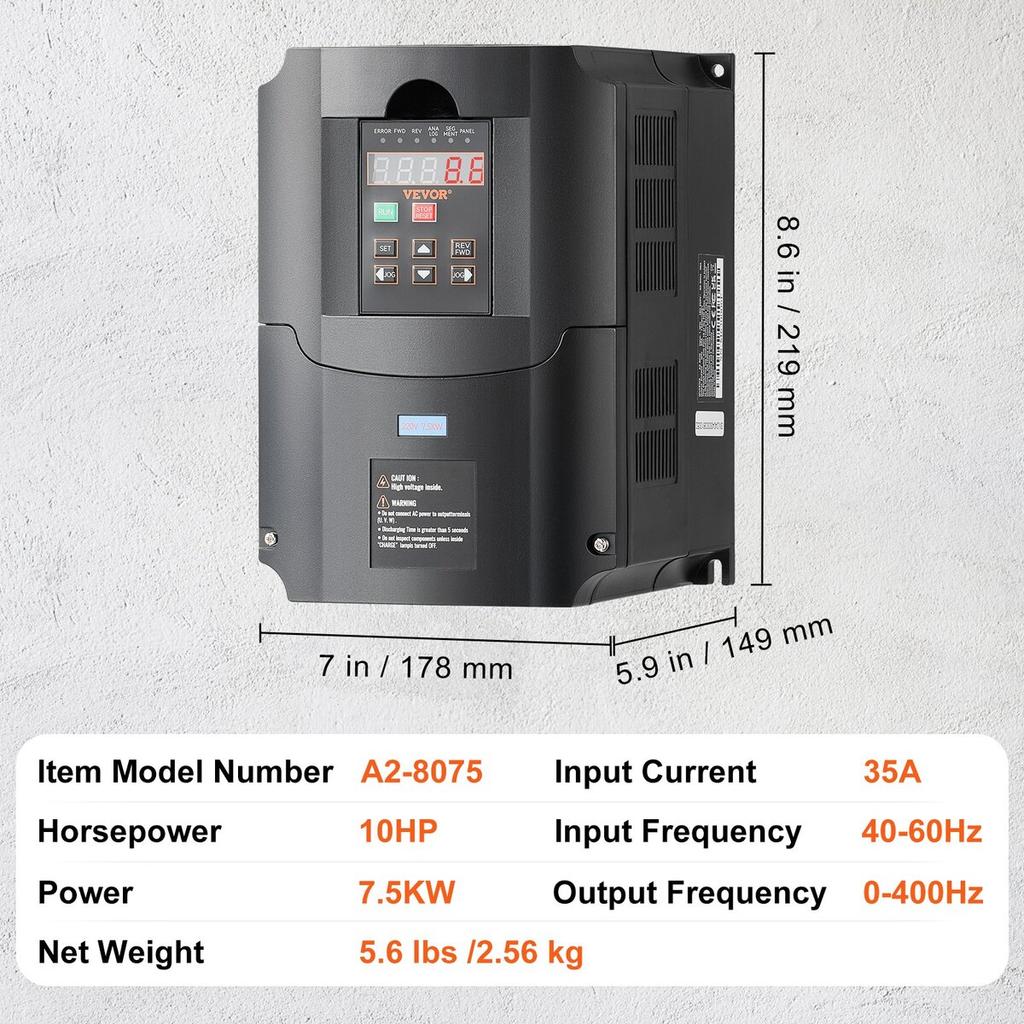 10HP, 7.5KW, 35Amps 220V 1 or 3 Phase Input to 3 Phase Output VFD 0-400Hz