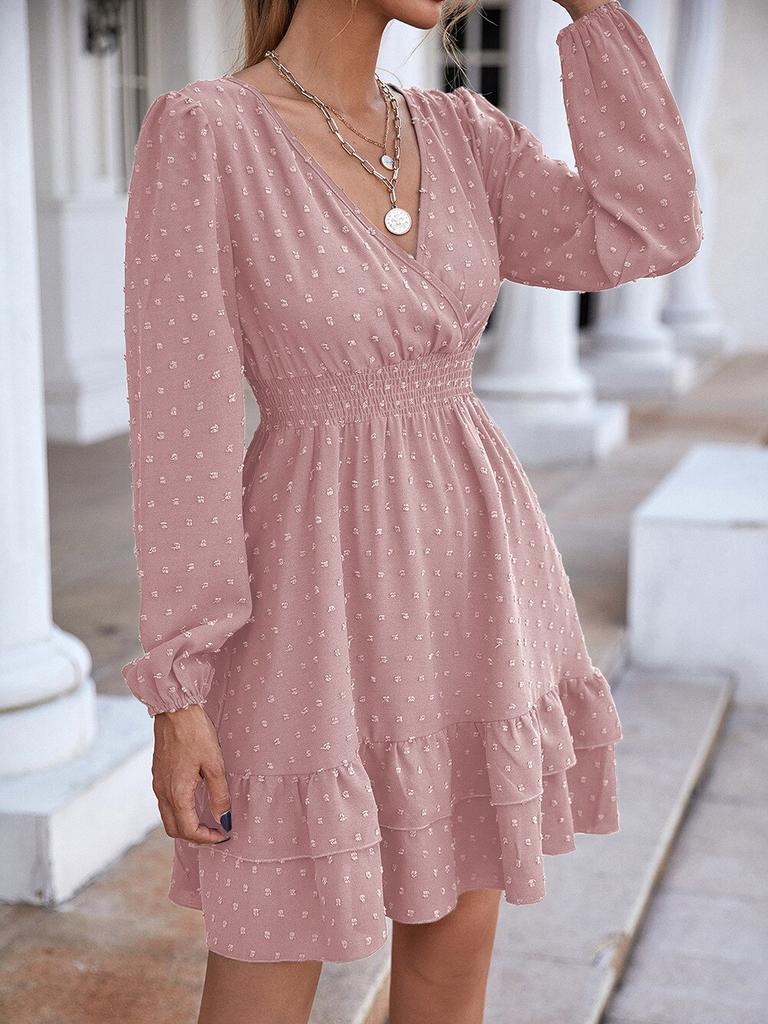 Hohe Taille A-linie Weißes Kleid Frauen Sommer Laterne Hülse V-ausschnitt Frau Kleid Lässige Mode Dot Solide Rüschen Kleider Robe 24888