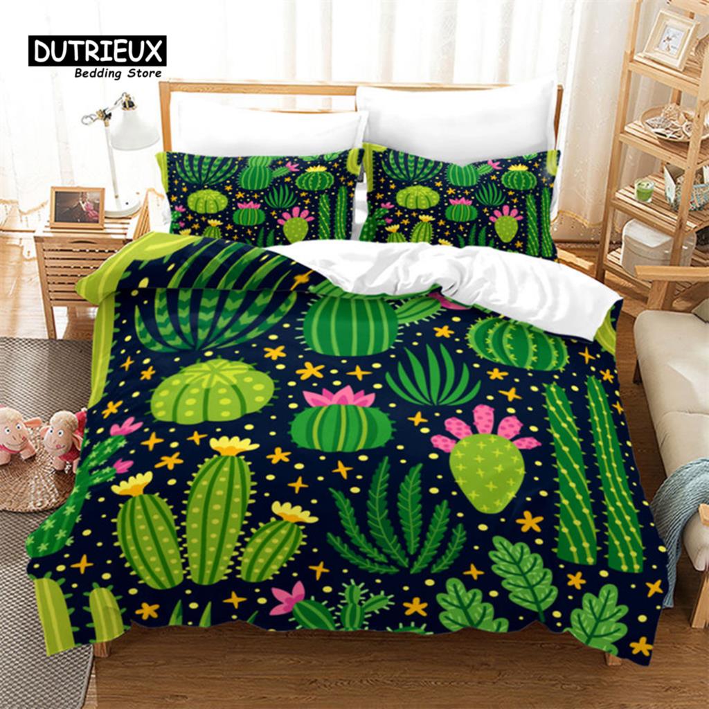 Chic Cactus Bedding Set Queen For Kids Teen Decor Cartoon Green Plants Succulents Duvet Cover Nature Art Floral Comforter Cover