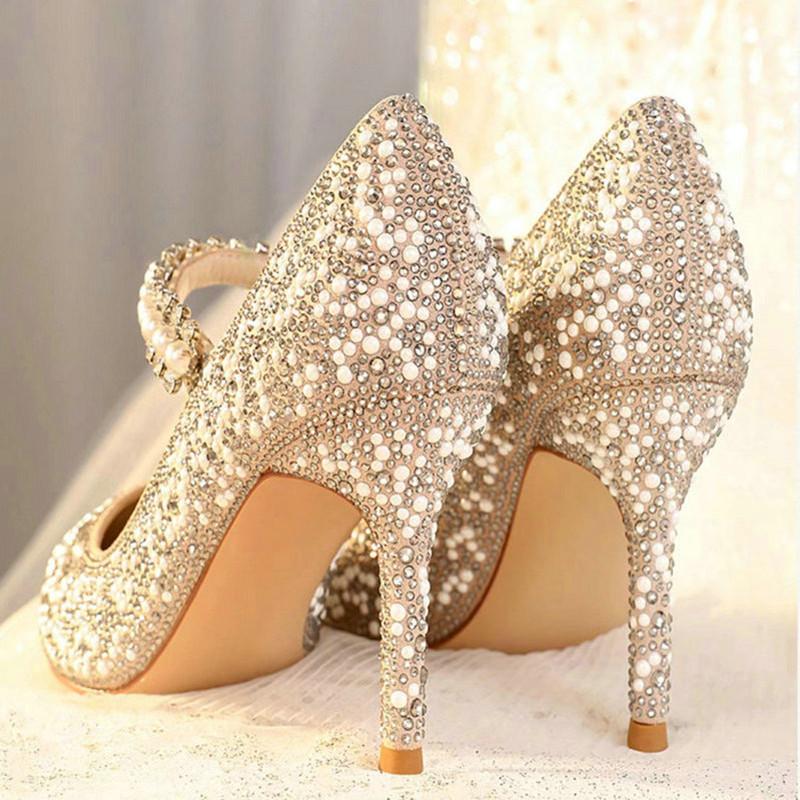 Mode Europäische und Amerikanische Perlen Hochzeitsschuhe Brautschuhe Strass High Heels Design Sinn Nische Glas Sandalen