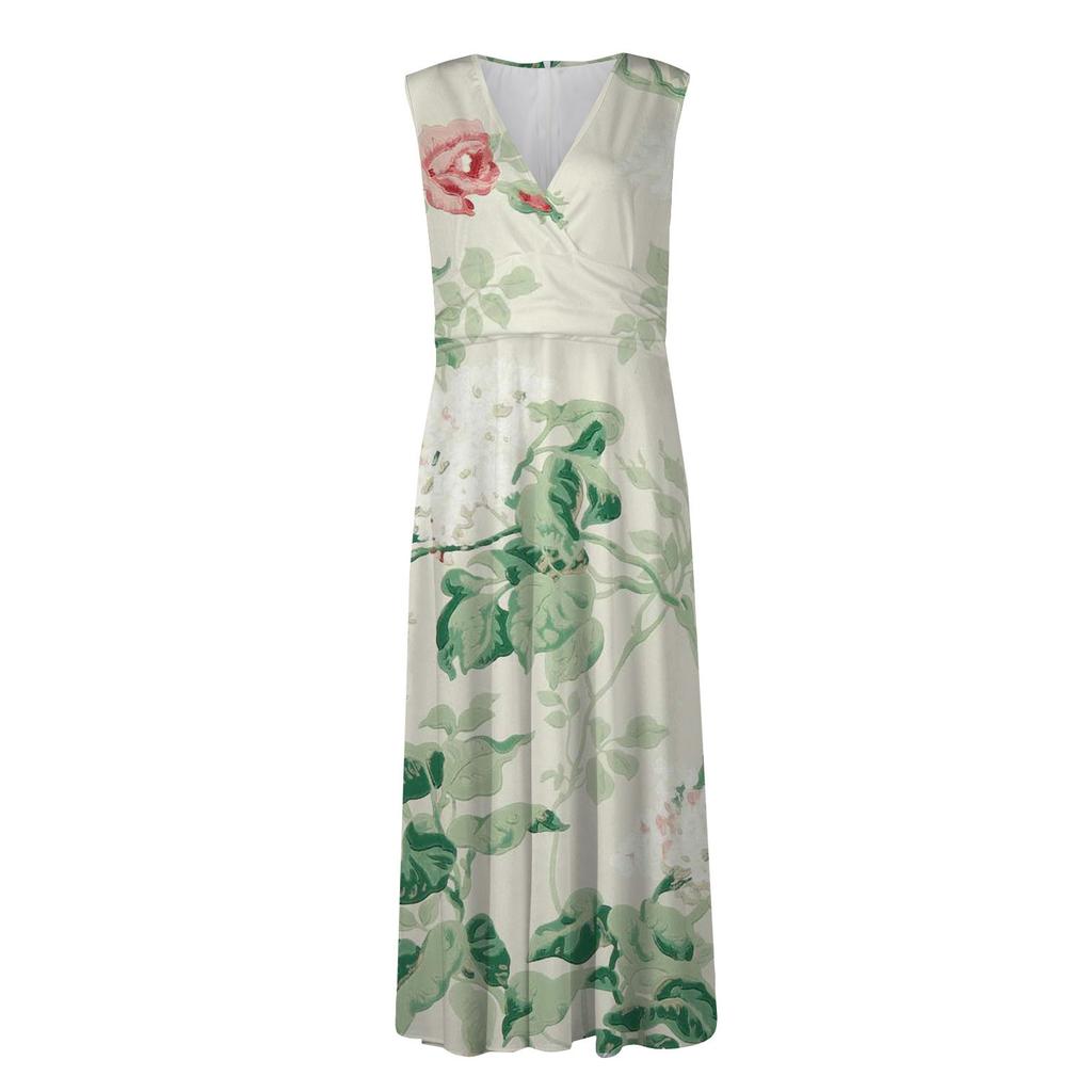 Vestido largo para mujer, vestido maxi, vestido casual de verano, sin mangas, cuello en V, cintura bohemia, vestido estampado