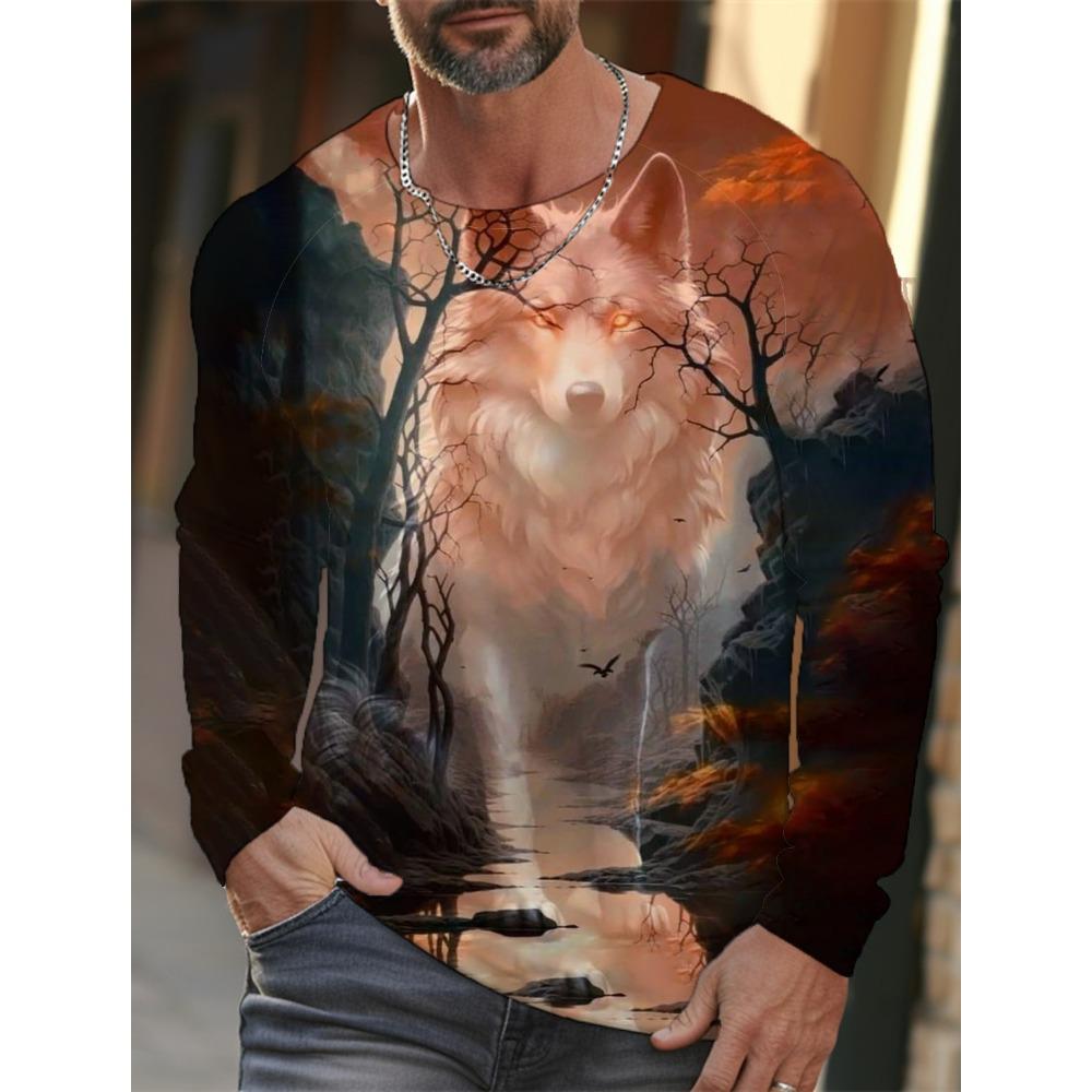 Long-sleeve 3D printed wolf pattern stylish T-shirt, men's street casual, round-neck trendy T-shirt