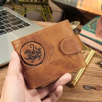 Vintage Genuine Leather Mens Wallet Tiger Embossed Bifold Coin Purse Retro Cowhide Card Holder Large Capacity Short Wallet