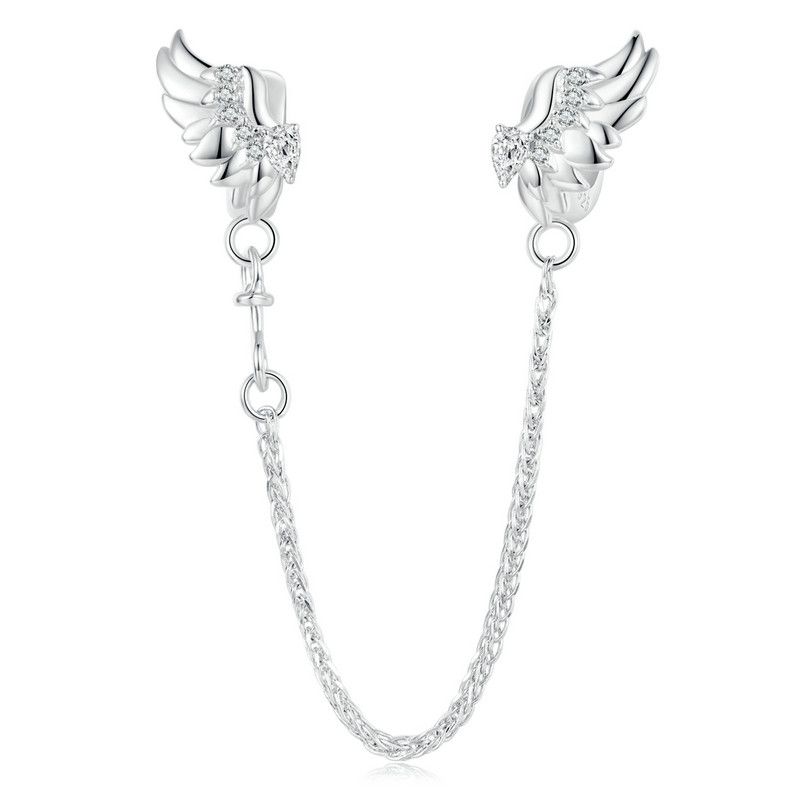 WOSTU 925 Silver Love Heart Silicone Safety Chain Butterfly Angel Wing Link Charm Fir Original Bracelet DIY Jewelry