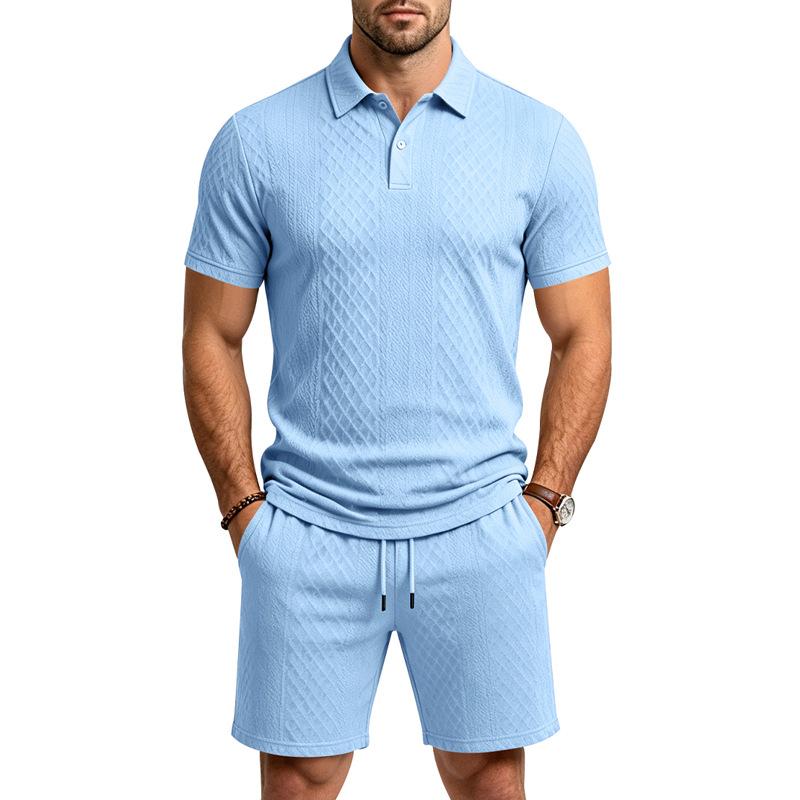 Men's Summer Jacquard Polo Shirt and Shorts Set Casual Loose Fit Lapel Collar 2-Piece Outfit