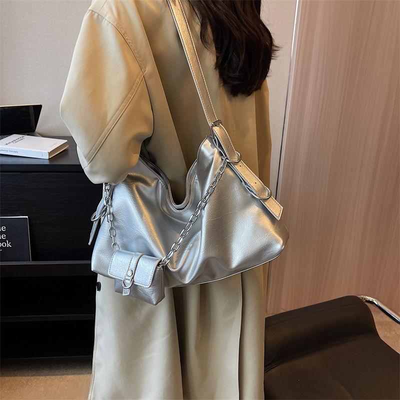 Yogodlns Fashion Women's Trend Fashion Large Capacity Silver Soft PU Leather Underarm Bag Commute Hobo Shoulder Bags