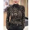 Leopard Print Tummy-Concealing Long Sleeve Top for Middle-Aged and Elderly Moms