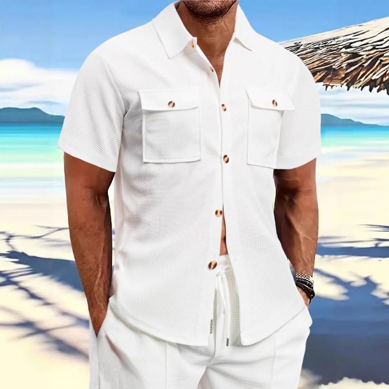 Sommer Herren Kurzarm Lässig Einfarbig Revers Knopf Tasche Vielseitiges Hemd Lockerer Pullover